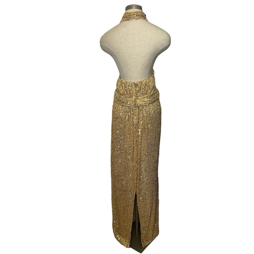 MAC DUGGAL 11281 Gold Champagne Sequin Halter Neck Belted Soft Tie Maxi Dress 14 - Picture 9 of 15